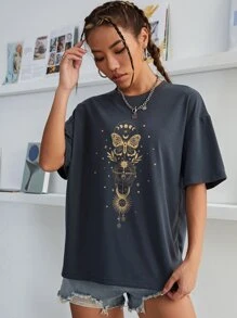 INAWLY Moon And Butterfly Print Drop Shoulder Tee Graphic Tees Women Tops - Dark Grey - View 4