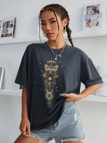 INAWLY Moon And Butterfly Print Drop Shoulder Tee Graphic Tees Women Tops - Dark Grey - View 5