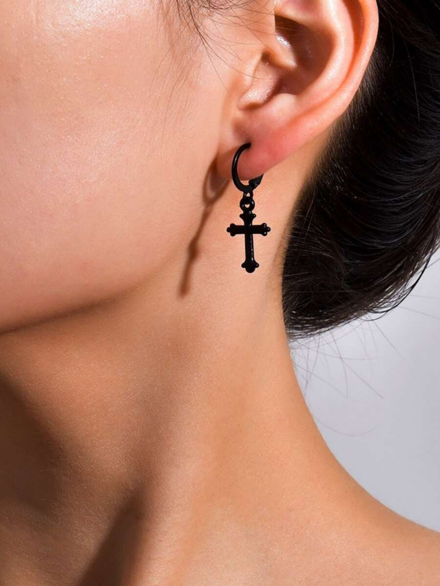 Pendientes colgantes con decoración de cruz - Negro - Ver 1
