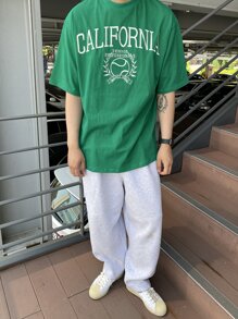 DAZY Men Letter Embroidery Drop Shoulder Tee - Green - View 4