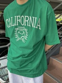 DAZY Men Letter Embroidery Drop Shoulder Tee - Green - View 5