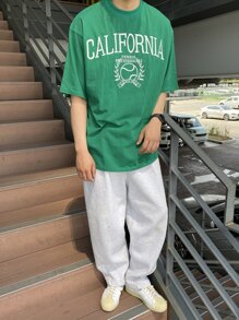 DAZY Men Letter Embroidery Drop Shoulder Tee - Green - View 7