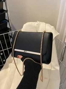 Mini Metal Decor Flap Square Bag - Black - View 2