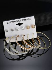 6 pares Pendientes con diseño de diamante de imitación y perla artificial - Amarillo Oro - Ver 1