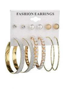 6 pares Pendientes con diseño de diamante de imitación y perla artificial - Amarillo Oro - Ver 2