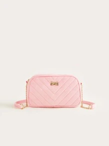 1pc Girl's Sweet Plush Crossbody Bag With Chain Stitching, Pink, Suitable For Everyday Use - Pink - View 3