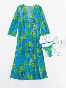 Swim SXY Summer Beach Tropical Print Triangle Bikini Set With Kimono - Multicolor - View 7