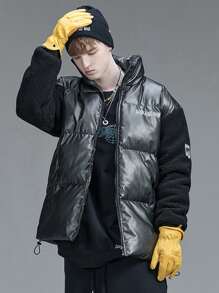 Men Colourblock Letter Graphic Puffer Coat - Black - View 3