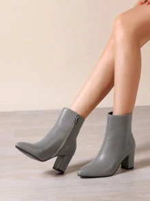 Minimalist Side Zipper Chunky Heeled Classic Boots - Grey - View 6
