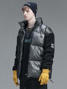 Men Colourblock Letter Graphic Puffer Coat - Black - View 4