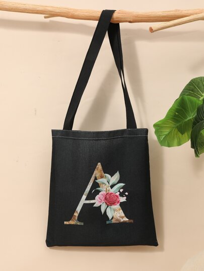 Letter & Flower Graphic Shopper Bag School Bag For Graduate, Teen Girls, Freshman, Sophomore, Junior & Senior In College, University & High School, Perfect For Outdoors ,Travel & Back To School