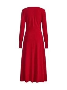 Mulvari Solid V Neck A-line Dress - Red - View 7