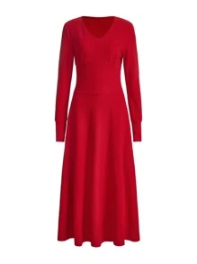 Mulvari Solid V Neck A-line Dress - Red - View 8