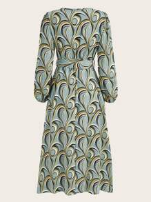 SHEIN Clasi Allover Print Lantern Sleeve Belted Dress - Mint Green - View 7