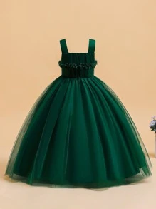 Vestido formal largo elegante de malla con flores 3D de unicolor para niñas preadolescentes, adecuado para fiestas y eventos, sin diadema - Verde Oscuro - Ver 3