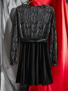 Zolique Surplice Neck Lantern Sleeve Belted Flannel Dress - Black - View 7