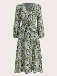 SHEIN Clasi Allover Print Lantern Sleeve Belted Dress - Mint Green - View 8