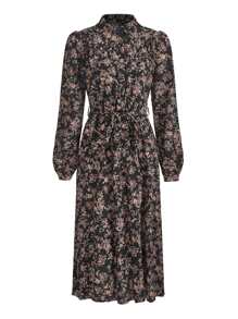 Balvessa Floral Print Bishop Sleeve Belted Shirt Dress Maxi Women Outfit - Black - View 8