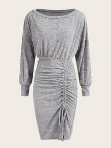 SHEIN Privé Vestido de hombros descubiertos fruncido de muslo con abertura - Gris Claro - Ver 9