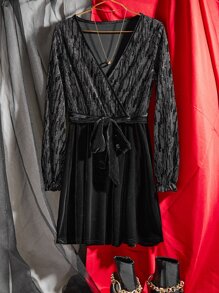 Zolique Surplice Neck Lantern Sleeve Belted Flannel Dress - Black - View 8