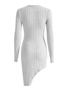 SHEIN Privé Đầm Bất đối xứng Gân đan màu trơn Thanh lịch - Xám - Xem 6