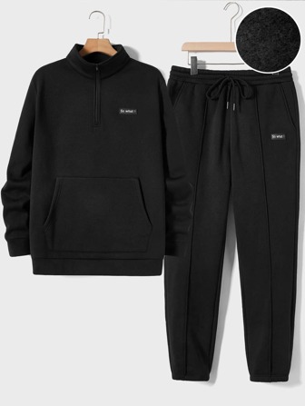 Guys Letter Graphic Kangaroo Pocket Sweatshirt & Drawstring Waist Sweatpants