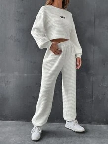 Muchica Slogan Patched Drop Shoulder Drawstring Crop Sweatshirt & Joggers - Beige - View 4