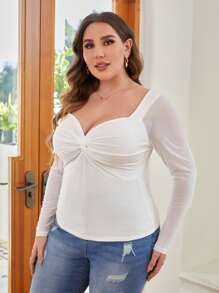 SHEIN Privé Áo thun Plus size Tương phản Mesh cắt xoắn lại màu trơn Thanh lịch - trắng - Xem 3