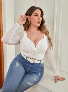 SHEIN Privé Áo thun Plus size Tương phản Mesh cắt xoắn lại màu trơn Thanh lịch - trắng - Xem 4