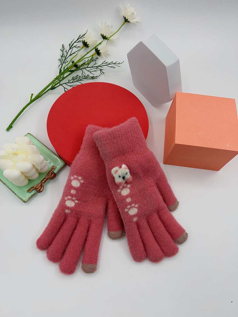 Bear & Paw Pattern Gloves - Hot Pink - View 1