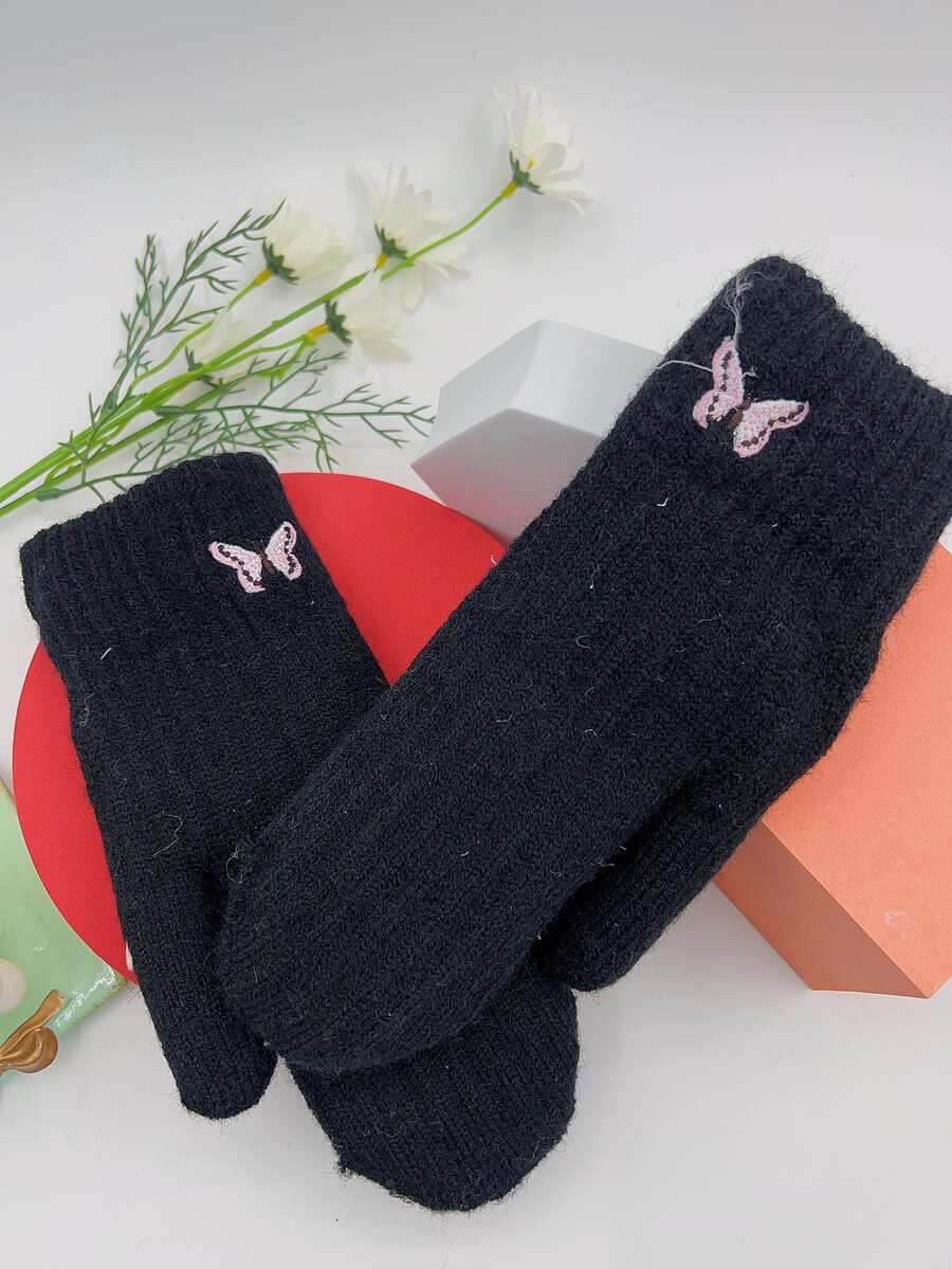 Butterfly Embroidered Plush Lined Gloves - Black - View 1