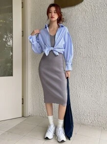 DAZY Solid Ribbed Knit Jumper Dress - Grey - View 10