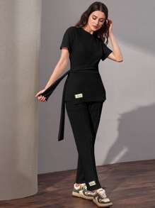 Seusyu Patched Detail Belted Tee & Seam Front Trousers - Black - View 1
