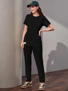 Seusyu Patched Detail Belted Tee & Seam Front Trousers - Black - View 4