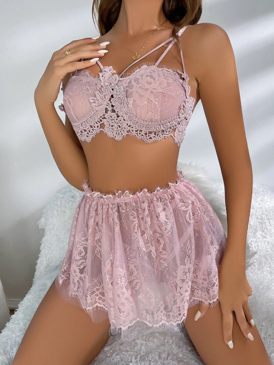 3pack Eyelash Lace Lingerie Set - Baby Pink - View 1