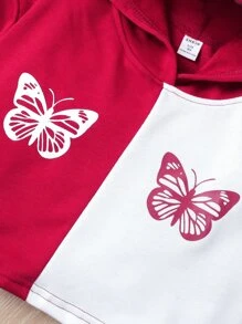 SHEIN Tween女孩雙色蝴蝶印花連帽衫和運動長褲 - 紅白色 - 查看 3