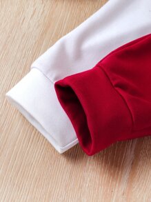 SHEIN Tween女孩雙色蝴蝶印花連帽衫和運動長褲 - 紅白色 - 查看 5