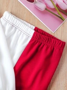 SHEIN Tween女孩雙色蝴蝶印花連帽衫和運動長褲 - 紅白色 - 查看 4