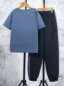 SHEIN Tween Boy Antler Print Tee & Contrast Side Seam Sweatpants - Blue - View 2