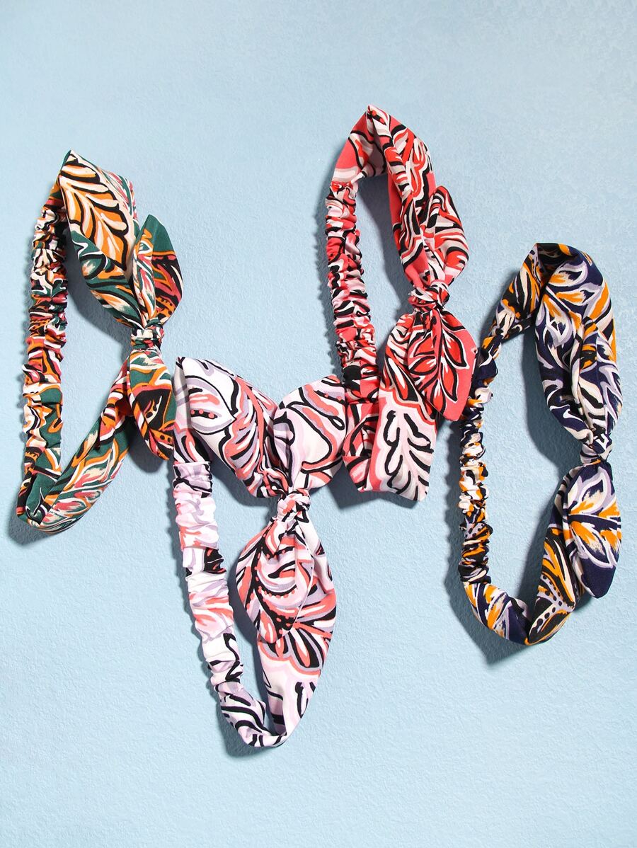 4 piezas Banda de pelo con patrón de hoja con diseño de lazo - Multicolor - Ver 1