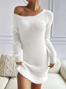 SHEIN Essnce Vestido de punto ajustado ribete lanudo - Blanco - Ver 7