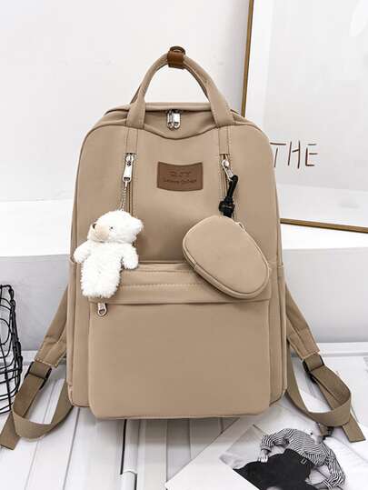 Grote capaciteit, draagbare waterdichte functionele rugzak met cartoonbeerdecoratie en portemonnee voor tienermeisjes, studenten, perfect voor school, universiteit, werk, zaken, woon-werkverkeer, terug naar school, damestas met muntzakje, schoolrugzak, schooltas, schooltas, grote rugzak, grote capaciteit, laptopvak, draagbaar, geschikt voor tienermeisjes, studenten, jongens en mannen, perfect voor de terug naar school, de eerste schooldag, universiteit, middelbare school, middelbare school, modieuze boekentas met pennenzak