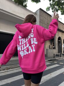 SHEIN Unity Positive Slogan Smiling Face Cute Long Hoodie - Hot Pink - View 1