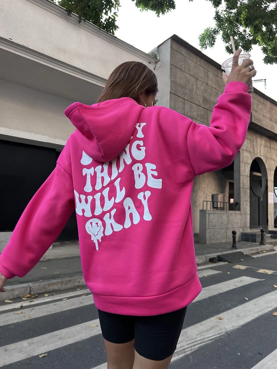 SHEIN Unity Positive Slogan Smiling Face Cute Long Hoodie - Hot Pink - View 1