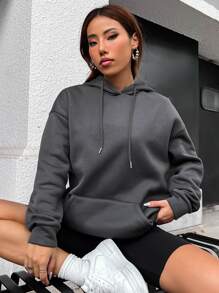 SHEIN Unity 人像和字母圖案抽繩連帽衫 - 深灰色 - 查看 2