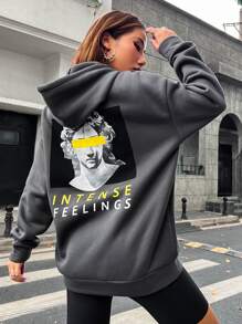 SHEIN Unity 人像和字母圖案抽繩連帽衫 - 深灰色 - 查看 3