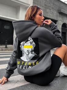SHEIN Unity 人像和字母圖案抽繩連帽衫 - 深灰色 - 查看 4