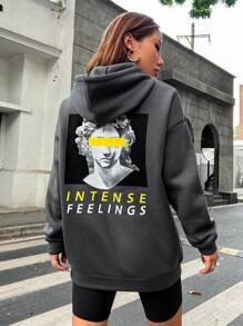 SHEIN Unity 人像和字母圖案抽繩連帽衫 - 深灰色 - 查看 6