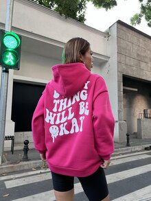 SHEIN Unity Positive Slogan Smiling Face Cute Long Hoodie - Hot Pink - View 4