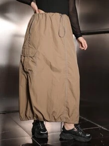 SHEIN Coolane Plus Flap Pocket Side Drawstring Waist Zip Up Cargo Skirt - Khaki - View 1